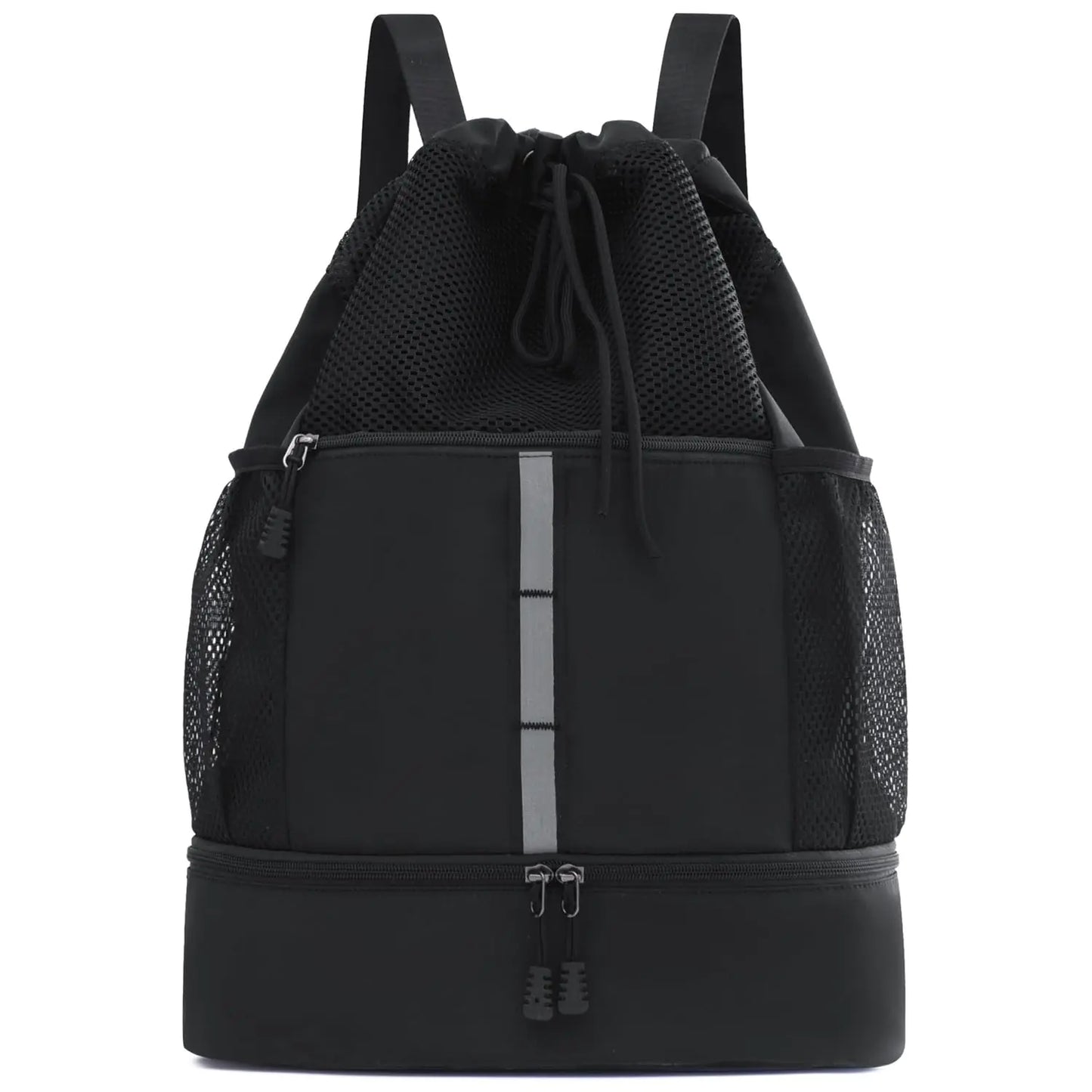 GUIFIER Drawstring Backpack Bag Waterproof Sports Gym Bag with Shoes Compartment and Wet Proof Pocket Water Bottle Holder Pockets Mesh Cinch String Backpack for Sports Swimming Men Women (Black)