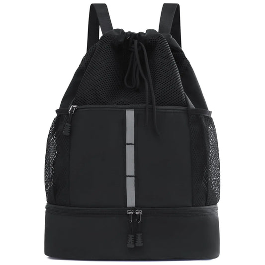 GUIFIER Drawstring Backpack Bag Waterproof Sports Gym Bag with Shoes Compartment and Wet Proof Pocket Water Bottle Holder Pockets Mesh Cinch String Backpack for Sports Swimming Men Women (Black)